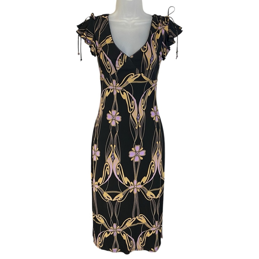 Vintage Guess Collection Y2K Floral Flutter Sleeve Black Midi Dress